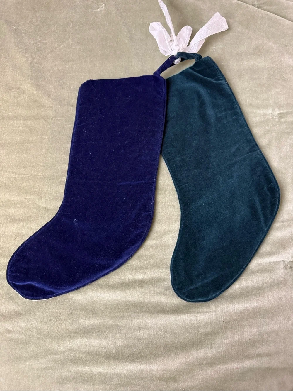 Pair of Needlepoint Christmas Stockings Santa Snowman 19in Wool Velvet Back #OSX